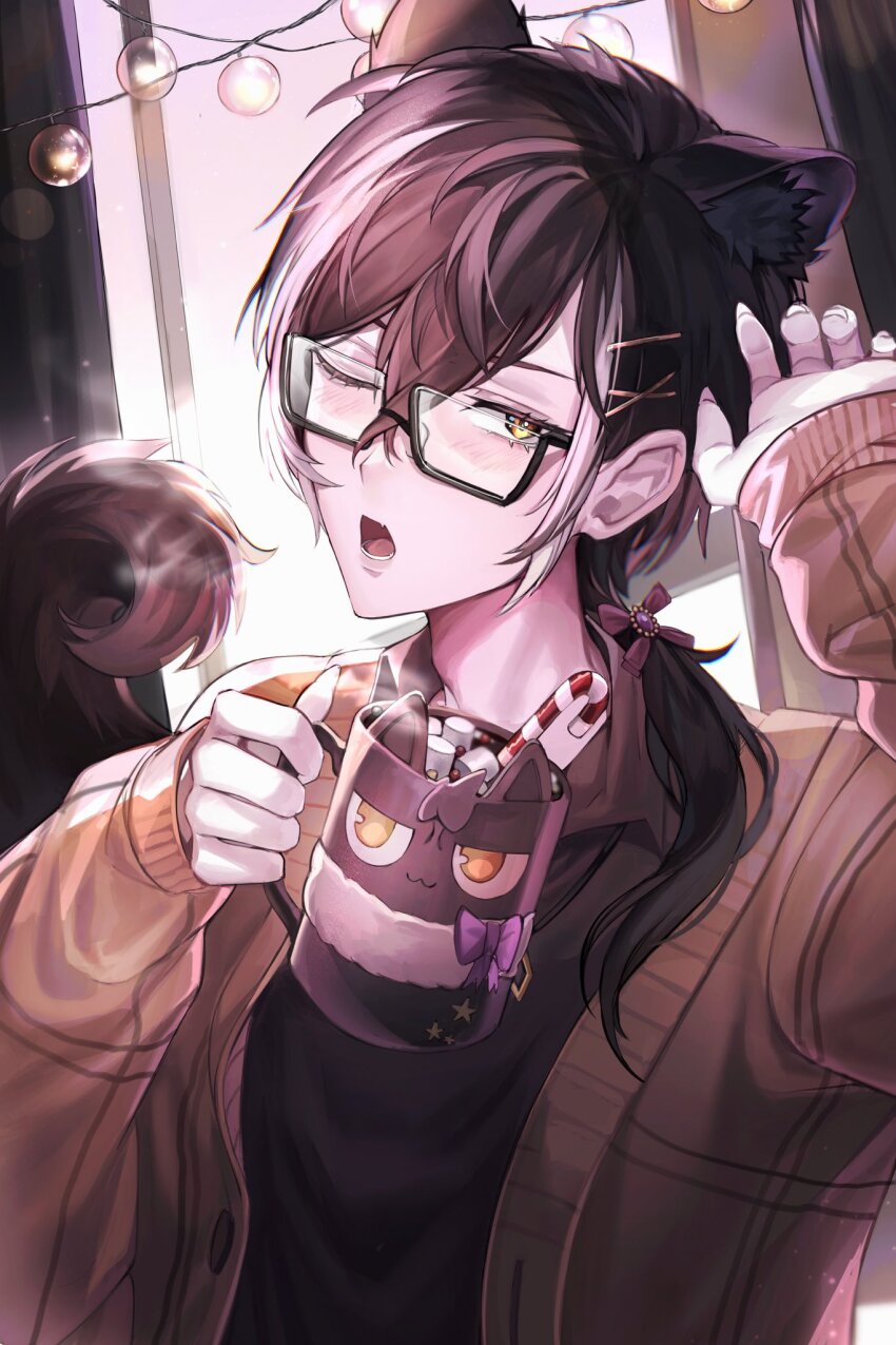 1boy ;o animal_ears bespectacled black-framed_eyewear black_hair black_shirt bow brown_cardigan candy candy_cane cardigan collared_shirt cup curtains fang fingernails food glasses hair_between_eyes hair_bow hair_ornament hairclip hand_up highres holding holding_cup holostars hot_chocolate jackal_boy jackal_ears jackal_tail jewelry kageyama_shien lens_flare long_hair long_sleeves looking_at_viewer low_ponytail lower_teeth_only marshmallow mellowone mug multicolored_hair necklace nekoyama_shien official_alternate_costume one_eye_closed ponytail purple_bow semi-rimless_eyewear sharp_fingernails shirt skin_fang sleeves_past_wrists solo steam string_of_light_bulbs tail teeth themed_object two-tone_hair upper_body virtual_youtuber white_hair window yellow_eyes
