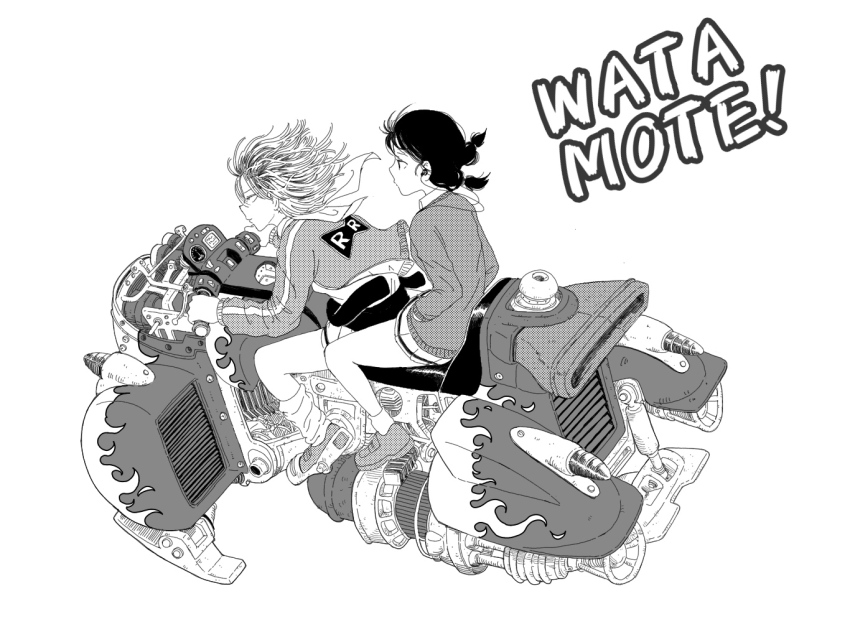 2girls cardigan closed_mouth commentary copyright_name dragon_ball earphones expressionless floating_hair greyscale jacket kajino_(aosansai) loafers long_sleeves loose_socks low_twintails miniskirt monochrome multiple_girls multiple_riders pleated_skirt print_jacket red_ribbon_army riding school_uniform shoes short_hair simple_background skirt socks tamura_yuri twintails vehicle_request watashi_ga_motenai_no_wa_dou_kangaetemo_omaera_ga_warui! white_background yoshida_masaki