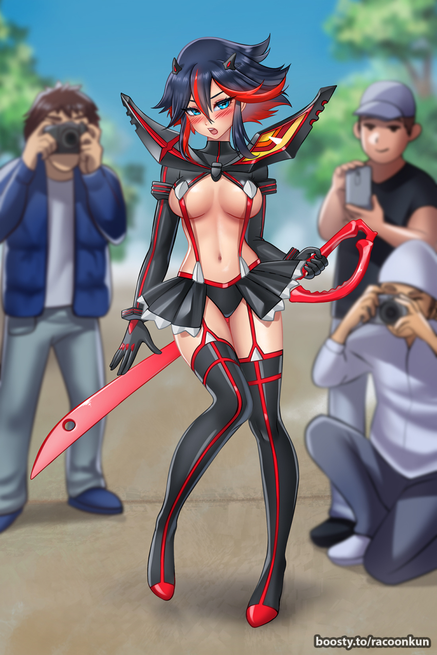 1girl 3boys areola_slip armor bare_arms baseball_cap black_boots black_eyes black_gloves black_hair black_horns black_panties black_shirt black_shoes black_skirt blue_eyes blue_jacket blue_shoes blue_sky blurry blurry_background blush boots breasts breasts_apart brown_hair camera closed_mouth colored_inner_hair day embarrassed full_body garter_straps gloves grey_hat grey_pants hair_flaps hashtag-only_commentary hat highres holding holding_camera holding_knife holding_phone horns jacket kill_la_kill knees_together_feet_apart knife long_sleeves looking_at_another looking_at_viewer matoi_ryuuko medium_breasts miniskirt multicolored_hair multiple_boys navel on_one_knee open_clothes open_jacket open_mouth outdoors panties pants phone pleated_skirt racoon-kun red_hair red_trim revealing_clothes shirt shoes short_hair short_sleeves shoulder_armor sidelocks skirt sky small_horns smile solo_focus standing stomach streaked_hair suspenders t-shirt teeth thigh_boots thigh_gap tongue tree turtleneck two-tone_hair underboob underwear upper_teeth_only v-shaped_eyebrows very_short_hair watermark web_address white_shirt white_shoes