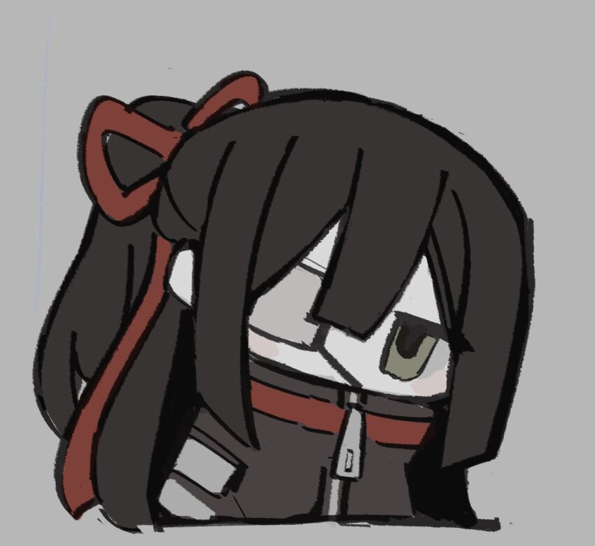 1girl black_hair black_jacket eyepatch green_eyes hair_ribbon half_updo jacket library_of_ruina long_hair looking_at_viewer muu_037 portrait project_moon red_ribbon ribbon shi_association_south_uniform simple_background solo tenma_(project_moon) upper_body very_long_hair white_background