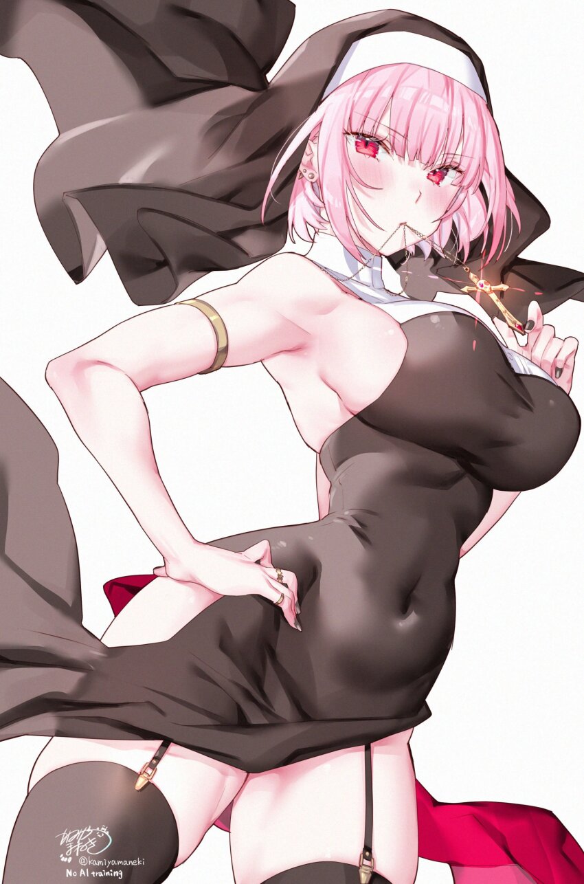 1girl absurdres alternate_costume alternate_hairstyle armlet armpits bare_shoulders black_dress black_garter_straps black_hat black_nails black_thighhighs blush breasts closed_mouth commentary covered_navel cross cross_necklace dress ear_piercing earrings english_commentary fingernails garter_straps glint habit hand_on_own_hip hat highres holding holding_cross hololive hololive_english jewelry kamiya_maneki large_breasts looking_at_viewer medium_hair mori_calliope mouth_hold nail_polish necklace nun piercing pink_eyes pink_hair ring sideboob signature simple_background skull_choker skull_ornament solo spiked_ear_piercing thighhighs thighs twitter_username virtual_youtuber white_background
