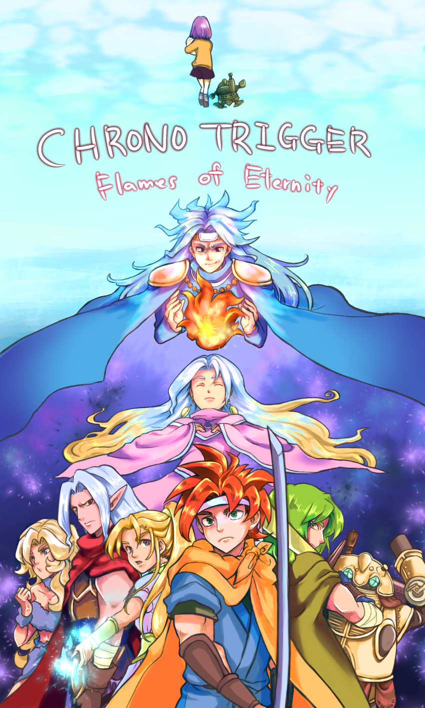 ayla_(chrono_trigger) cape chrono_trigger closed_mouth crono_(chrono_trigger) frog_(chrono_trigger) green_hair highres holding holding_sword holding_weapon kid_(chrono_cross) long_hair looking_at_viewer lucca_ashtear magus_(chrono_trigger) marle_(chrono_trigger) multiple_boys multiple_girls naekam queen_zeal robo_(chrono_trigger) schala_zeal smile sword weapon