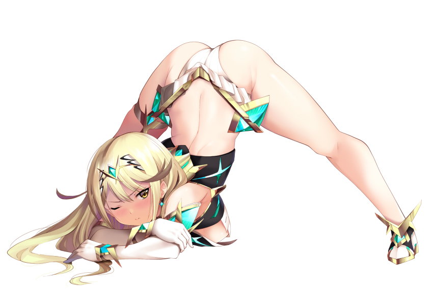 1girl ass bare_legs bare_shoulders blonde_hair breasts chest_jewel cleavage cleavage_cutout clothing_cutout daive dress earrings elbow_gloves gloves highres jack-o&#039;_challenge jewelry large_breasts long_hair mythra_(xenoblade) short_dress solo swept_bangs thigh_strap tiara very_long_hair white_dress white_footwear white_gloves xenoblade_chronicles_(series) xenoblade_chronicles_2 yellow_eyes