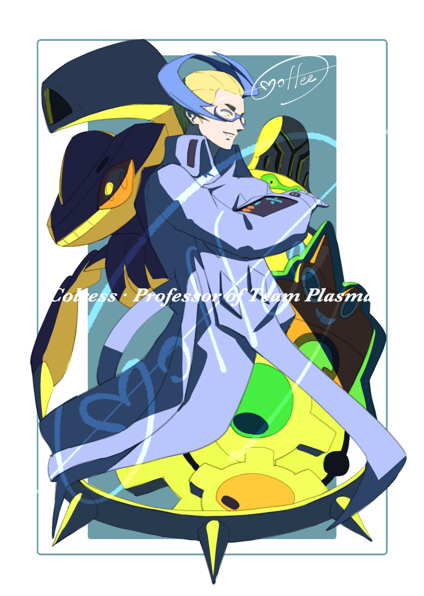 1boy absurdres beheeyem blonde_hair blue-framed_eyewear blue_hair border cccacademia character_name coat colress_(pokemon) gen_4_pokemon gen_5_pokemon genesect glasses gloves grey_background grey_coat grin highres klinklang legendary_pokemon looking_down male_focus mixed-language_commentary multicolored_hair mythical_pokemon nintendo pokemon pokemon_(creature) pokemon_sm rotom rotom_(wash) short_hair signature smile teeth two-tone_hair white_border yellow_eyes