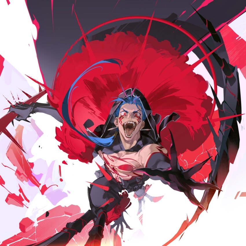 1boy black_gloves blue_hair cape claws crazy_eyes crazy_smile cu_chulainn_(fate) cu_chulainn_alter_(fate) cu_chulainn_alter_(third_ascension)_(fate) earrings elbow_gloves facepaint facial_mark fate/grand_order fate_(series) fur gae_bolg_(fate) gloves highres holding holding_polearm holding_weapon hood hood_up jewelry long_hair open_mouth polearm red_eyes smile spear spikes tail tattoo teeth tobu_(bilibil) weapon