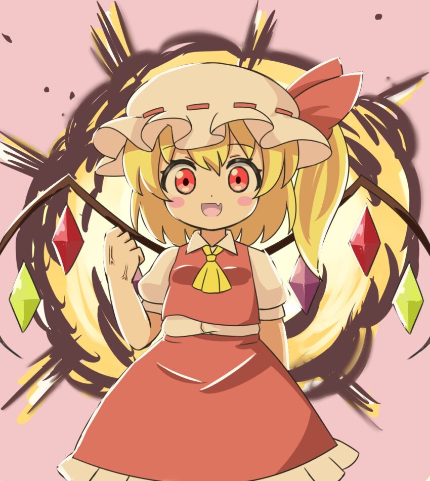1girl blonde_hair blush crystal explosion fang flandre_scarlet hat highres looking_at_viewer mob_cap open_mouth red_eyes red_skirt red_vest skirt touhou vest white_hat zenji029