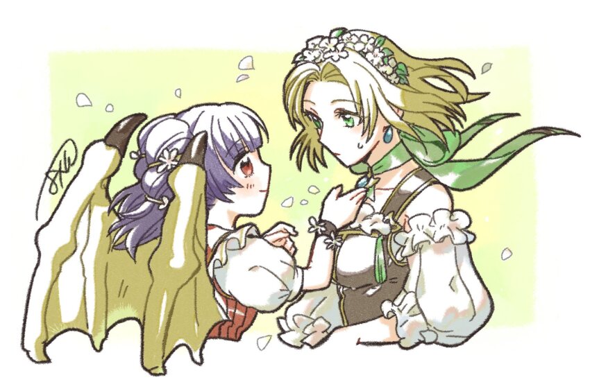 2girls bare_shoulders batoson54 blonde_hair closed_mouth detached_sleeves dragon_wings dress earrings fire_emblem fire_emblem:_the_sacred_stones fire_emblem_heroes floating_earrings flower green_eyes hair_flower hair_ornament jewelry looking_at_another multiple_girls myrrh_(fire_emblem) myrrh_(valentine)_(fire_emblem) nintendo official_alternate_costume petals puffy_short_sleeves puffy_sleeves purple_hair red_eyes selena_(fire_emblem:_the_sacred_stones) selena_(valentine)_(fire_emblem:_the_sacred_stones) short_sleeves sweatdrop twintails upper_body wings