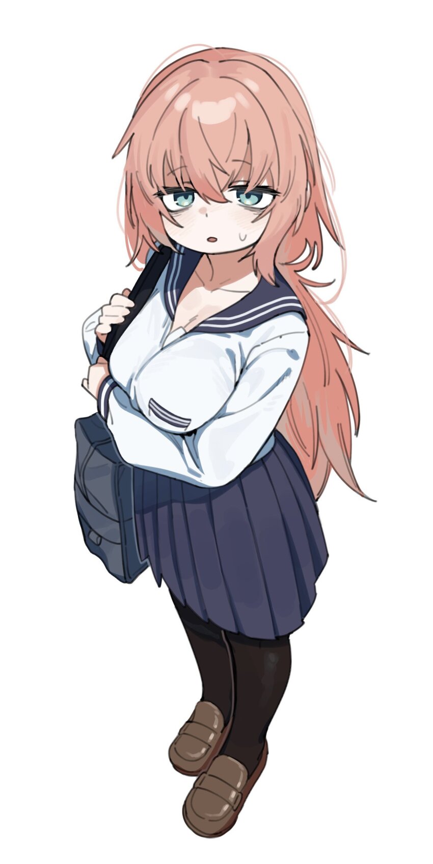 1girl absurdres bag bags_under_eyes blue_eyes blue_skirt breasts brown_shoes hair_between_eyes highres hufy large_breasts loafers long_hair long_sleeves looking_at_viewer michinoku_komaro pantyhose parted_lips pink_hair pleated_skirt sailor_collar school_bag school_uniform seitokai_ni_mo_ana_wa_aru! serafuku shoes simple_background skirt solo standing sweat white_background