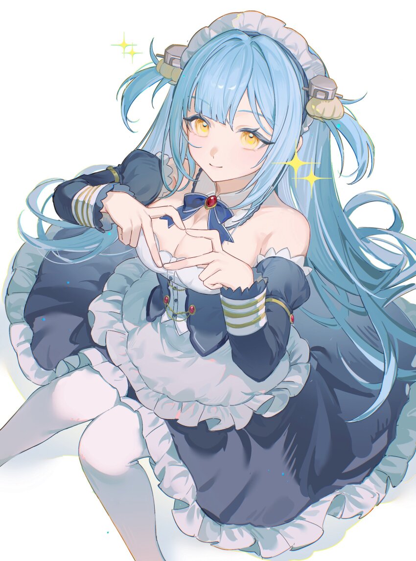 1girl absurdres apron ariko_(aaaaarik) azur_lane bare_shoulders blue_dress blue_hair breasts character_name clam_shell cleavage commentary detached_sleeves dress english_commentary fake_antlers feet_out_of_frame frilled_apron frills from_above gem heart heart_hands highres juliet_sleeves large_breasts long_hair long_sleeves looking_at_viewer looking_up maid_headdress neptune_(azur_lane) puffy_sleeves red_gemstone shell_hair_ornament simple_background sitting solo thighhighs very_long_hair white_apron white_background white_thighhighs yellow_eyes