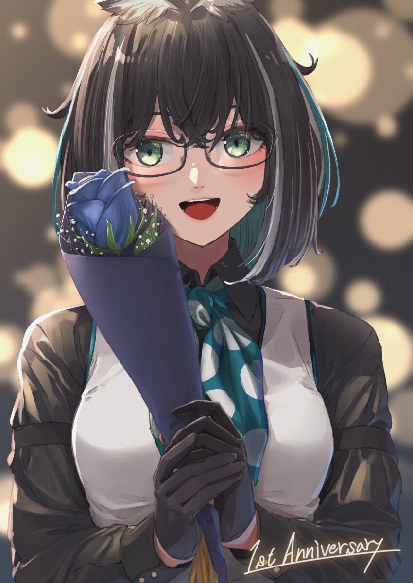 1girl absurdres animare anniversary atsushima black-framed_eyewear black_gloves black_hair black_shirt blue_flower blue_hair blue_neckerchief blue_rose blurry blurry_background blush bokeh breasts collared_shirt commentary_request depth_of_field flower glasses gloves green_eyes grey_hair highres holding holding_flower long_sleeves looking_at_viewer medium_breasts multicolored_hair nanashi_inc. neckerchief open_mouth oura_rukako oura_rukako_(1st_costume) polka_dot_neckerchief rose semi-rimless_eyewear shirt short_hair smile solo streaked_hair under-rim_eyewear upper_body vest virtual_youtuber white_vest