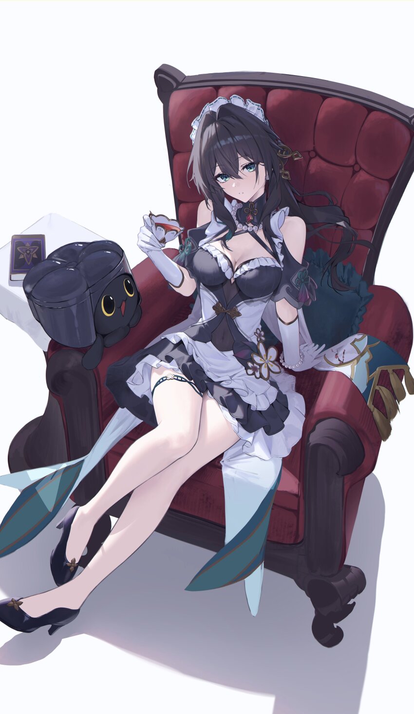1girl absurdres alternate_costume apron bare_legs bare_shoulders bead_bracelet bead_necklace beads black_collar black_dress black_shoes book bracelet breasts brown_hair chair cleavage collar commentary covered_navel criss-cross_halter critter_pick_(honkai:_star_rail) cup dna dress earrings enmaided full_body gloves green_eyes hair_between_eyes halterneck high_heels highres holding holding_cup honkai:_star_rail honkai_(series) jewelry large_breasts legs long_hair looking_at_viewer maid maid_headdress necklace on_chair parted_lips ruan_mei_(honkai:_star_rail) sasa_(sasa_ekakiman) shoes simple_background sitting solo teacup thigh_strap waist_apron white_background white_gloves