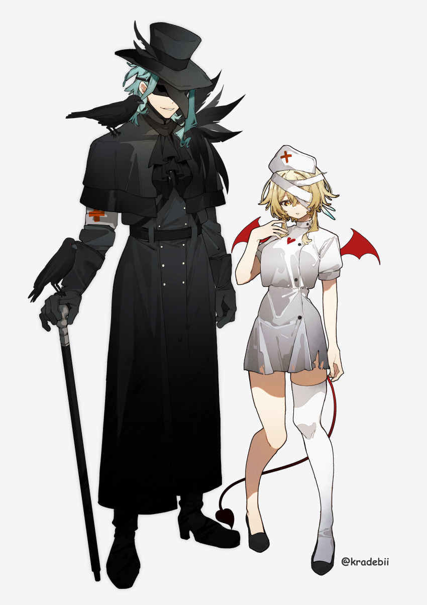 1boy 1girl absurdres alternate_costume animal animal_on_shoulder armband artist_name ascot bandage_over_one_eye bandaged_head bandages bird bird_mask bird_on_hand bird_on_shoulder black_ascot black_bird black_boots black_coat black_gloves black_hat black_shoes blonde_hair blue_hair boots breasts buttons cane coat commentary_request contrapposto covered_eyes cropped_shirt cross crow demon_tail demon_wings dot_nose dottore_(genshin_impact) double-breasted elbow_gloves eye_mask full_body genshin_impact gloves grey_background grey_skirt grin halloween_costume hat hat_feather heart heart_print height_difference high-waist_skirt high_heel_boots high_heels highres holding holding_cane kradebii legs_apart long_coat long_sleeves lumine_(genshin_impact) mask medium_breasts medium_hair mini_wings miniskirt nurse nurse_cap one_eye_covered parted_lips pigeon-toed plague_doctor red_cross red_wings shirt shirt_overhang shoes short_hair_with_long_locks short_sleeves simple_background single_bare_leg single_thighhigh skirt skirt_set smile standing tail thighhighs torn_clothes torn_skirt twitter_username white_armband white_shirt white_thighhighs wings yellow_eyes