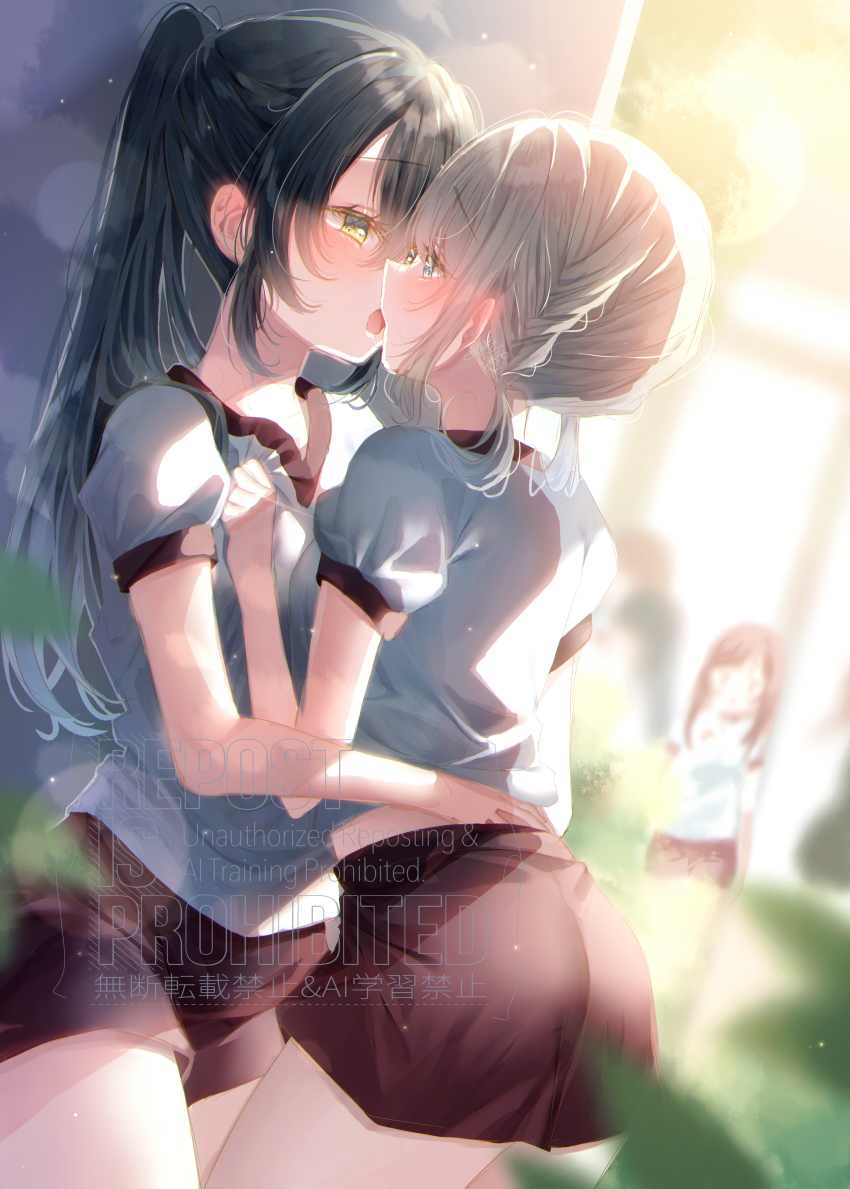 3girls absurdres after_kiss black_hair blue_eyes brown_hair commentary_request grey_eyes grey_hair highres long_hair multiple_girls open_mouth original ponytail red_shorts saliva saliva_trail shirt short_hair short_sleeves shorts touki_matsuri watermark white_shirt yellow_eyes yuri