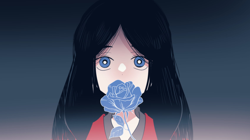 1other black_hair black_shirt blue_eyes blue_flower blue_rose coat collared_shirt flower long_hair looking_at_viewer madotsuki_ren project_moon red_coat rose rose_(wonder_lab) shirt solo upper_body wonderlab