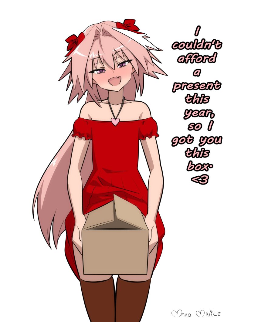 1boy :d absurdres artist_name astolfo_(fate) bare_shoulders blush bow box brown_thighhighs commentary cowboy_shot crossdressing dick_in_a_box dress english_commentary english_text fang fate_(series) hair_between_eyes hair_bow hair_intakes half-closed_eyes heart heart_necklace highres holding holding_box jewelry long_hair looking_at_viewer maho_malice male_focus multicolored_hair necklace open_mouth pink_hair purple_eyes red_bow red_dress seductive_smile simple_background skin_fang smile solo streaked_hair thighhighs trap two-tone_hair very_long_hair white_background white_hair