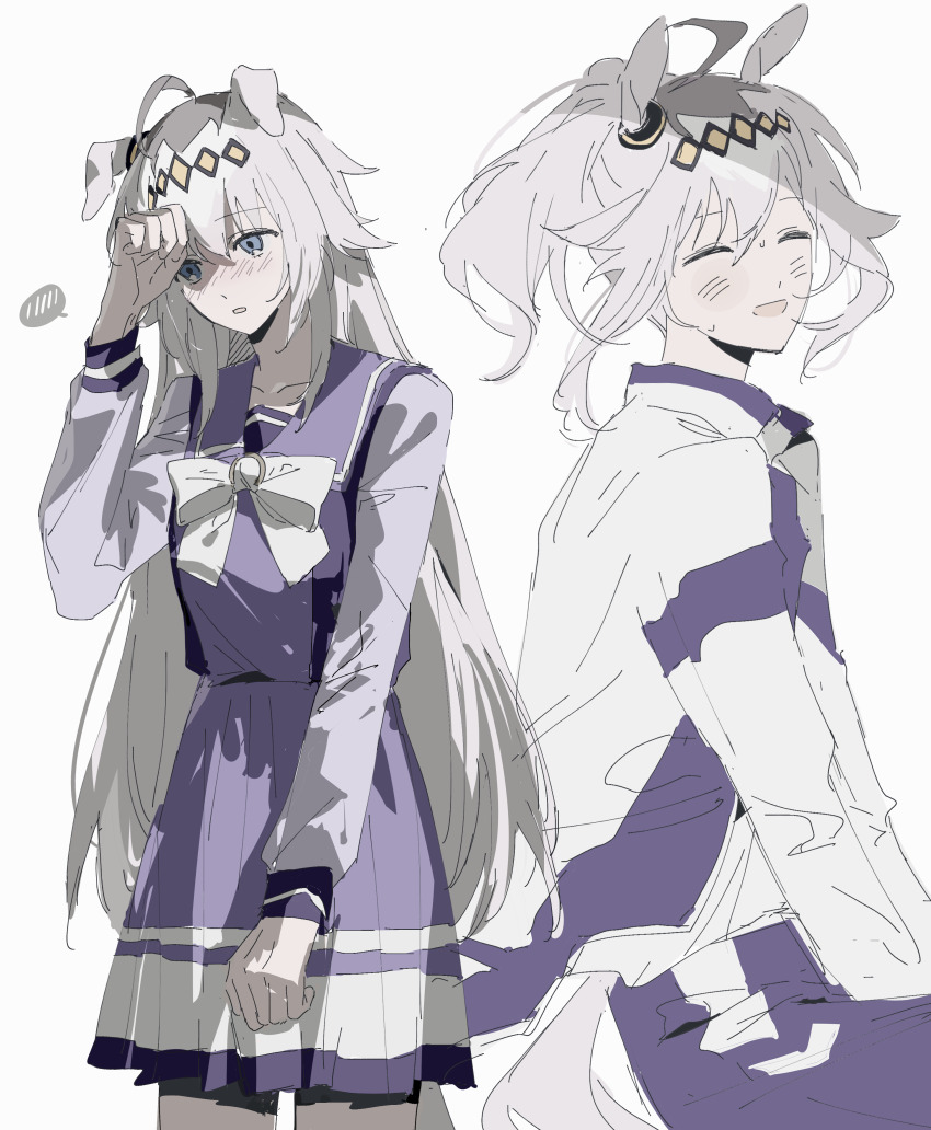 1girl :d ^_^ absurdres ahoge animal_ears averting_eyes blue_eyes blush bow bowtie closed_eyes diamond_hairband ears_down embarrassed floating_hair hair_flaps hand_up high_ponytail highres horse_ears horse_girl horse_tail jacket kasamatsu_tracen_training_uniform long_hair long_sleeves miniskirt multiple_views nose_blush oguri_cap_(umamusume) open_mouth pants parted_lips pleated_skirt ponytail purple_pants purple_sailor_collar purple_serafuku purple_shirt purple_skirt qing_yan_xia sailor_collar school_uniform serafuku shirt shy sidelocks simple_background sketch skirt sleeve_cuffs smile spoken_blush straight_hair sweat tail tracen_school_uniform track_jacket track_pants track_suit turning_head umamusume umamusume:_cinderella_gray very_long_hair white_background white_bow white_bowtie white_hair white_jacket winter_uniform