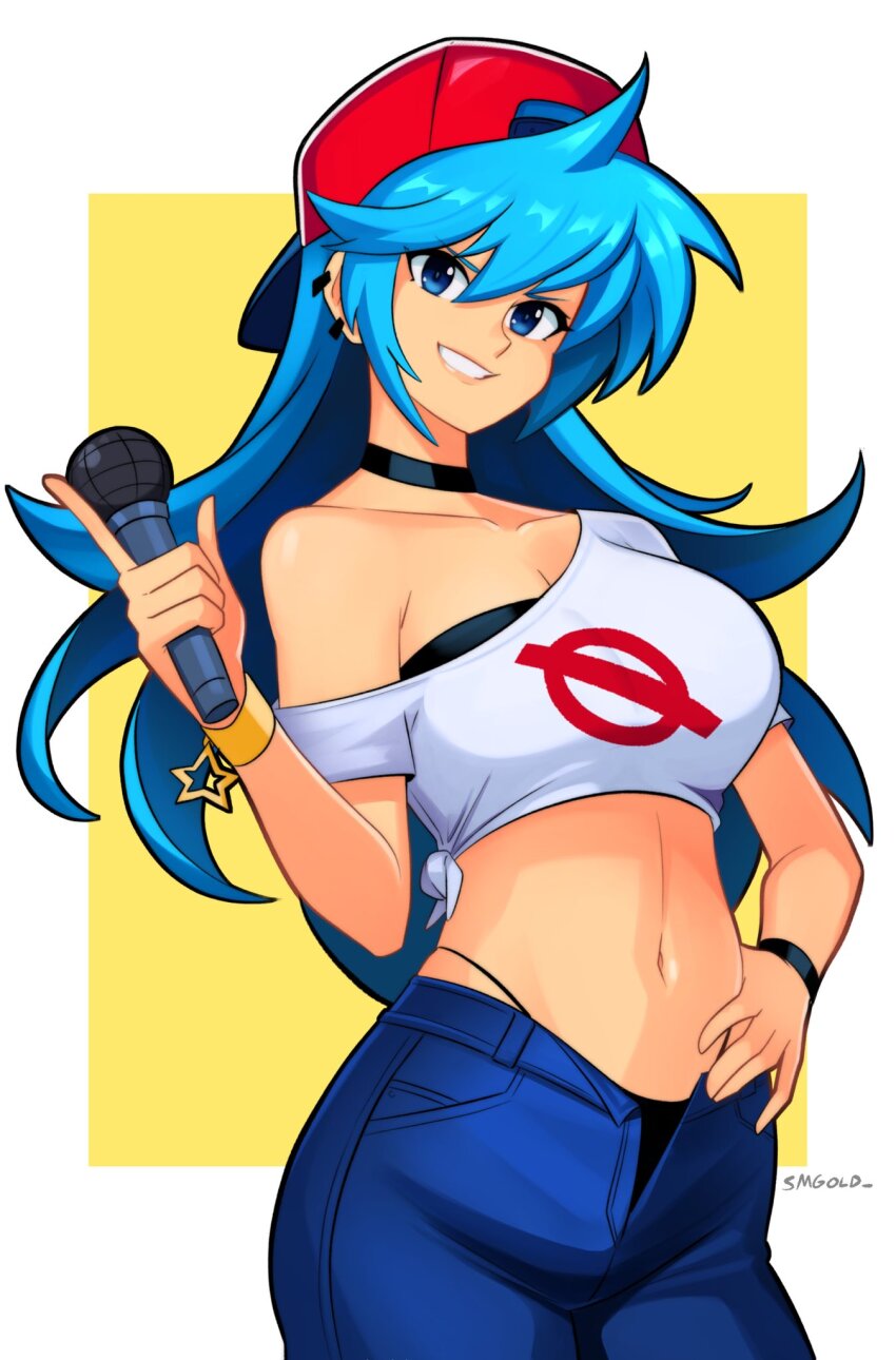 1girl backwards_hat baseball_cap blue_eyes blue_hair boyfriend_(friday_night_funkin&#039;) bracelet breasts choker cleavage collarbone crop_top denim ear_piercing friday_night_funkin&#039; genderswap genderswap_(mtf) grin hand_on_own_hip hat highres holding holding_microphone jeans jewelry large_breasts lips long_hair looking_at_viewer microphone midriff navel pants parted_lips piercing red_hat smgold smile solo teeth unzipped