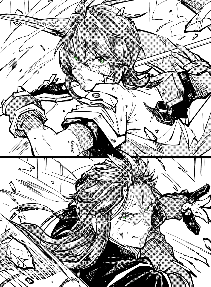2boys absurdres asch_(tales) bruise bruise_on_face fighting fighting_stance fingerless_gloves gloves green_eyes greyscale hair_between_eyes highres holding holding_sword holding_weapon injury jacket kudou_makoto long_hair luke_fon_fabre male_focus military military_uniform monochrome multiple_boys parted_lips shirt short_hair spiked_hair spot_color sword tales_of_(series) tales_of_the_abyss upper_body weapon white_background