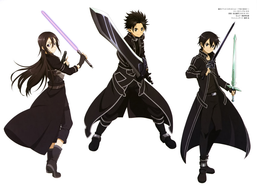 10s absurdres androgynous black_hair dual_wielding energy_sword fn_five-seven gender_request gun handgun highres holding holding_gun holding_sword holding_weapon kirito kirito_(sao-alo) kirito_(sao-ggo) lightsaber long_hair looking_at_viewer pdw-caliber_pistol purple_lightsaber short_hair simple_background smile sword sword_art_online tanabe_kenji weapon white_background