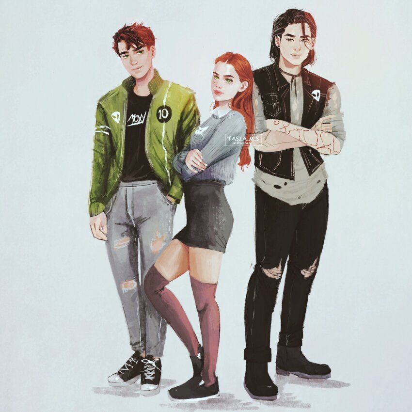 1girl 2boys alternate_costume animal_print ben_10 ben_10:_alien_force ben_tennyson black_eyes black_hair brown_hair cat_print choker cousins crossed_arms green_eyes green_jacket gwen_tennyson highres jacket kevin_levin long_hair long_sleeves multiple_boys orange_hair short_hair skirt smile sweater tasiams thighhighs