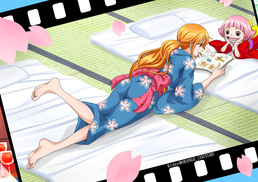 2girls artist_name barefoot blue_kimono blunt_bangs book cherry_blossoms feet film_border film_strip floral_print foot_up full_body futon head_rest highres indoors japanese_clothes kimono long_hair lying medium_hair multiple_girls nami_(one_piece) obi obijime official_alternate_costume on_stomach one_piece open_book open_mouth orange_eyes orange_hair pink_hair pink_sash ponytail print_kimono purple_sash reading red_kimono rider_(orange_couture) sash sidelocks soles tatami toes toko_(one_piece)