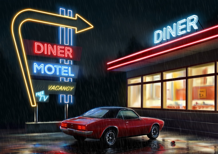 absurdres arrow_(symbol) can car diner glowing highres motor_vehicle mr._lyubimskiy neon_lights no_humans original outdoors pontiac pontiac_firebird procreate_(medium) rain red_car reflection reflective_water scenery vehicle_focus wet