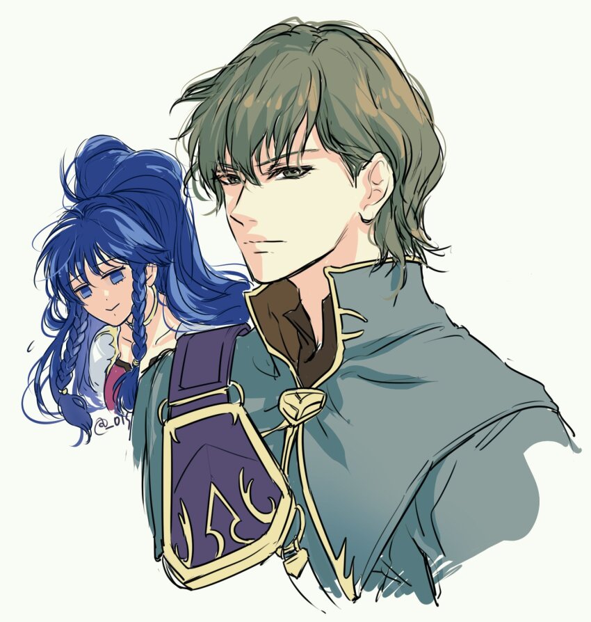 1boy 1girl blue_eyes blue_hair braid brother_and_sister closed_mouth fire_emblem fire_emblem:_the_sacred_stones green_eyes green_hair hair_between_eyes highres innes_(fire_emblem) long_hair nintendo ponytail short_hair siblings tana_(fire_emblem) twin_braids umi_(_oneinchswing) upper_body very_long_hair white_background