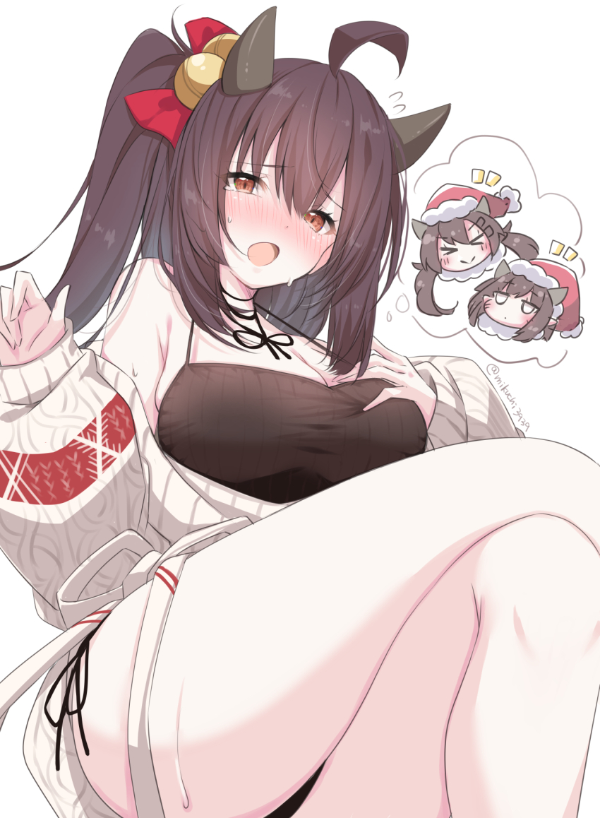 &gt;_&lt; abukuma_(azur_lane) ahoge artist_name azur_lane bell black_panties blush breasts brown_eyes brown_hair christmas cleavage crossed_legs flying_sweatdrops hair_bell hair_ornament hat highres horns image_in_thought_bubble isuzu_(azur_lane) isuzu_(cozy_christmas_eve)_(azur_lane) large_breasts mikuchi3939 nagara_(azur_lane) notice_lines official_alternate_costume open_mouth panties santa_hat side-tie_panties speech_bubble sweatdrop sweater thought_bubble twitter_username underwear white_sweater