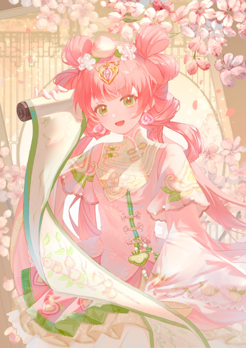 1girl absurdres artist_request blunt_bangs bow-shaped_hair brachydios brown_pupils cherry_blossoms chinese_clothes chinese_commentary circlet commentary_request cowboy_shot dot_nose double_bun dress earrings eyelashes falling_petals flower food_print fruit_earrings fruit_print gold_circlet green_eyes hair_bun hair_rings happy highres holding holding_scroll jewelry lattice layered_sleeves light_blush long_hair long_sleeves looking_at_viewer loose_hair_strand low_twintails mandarin_collar miniskirt miracle_nikki nikki_(nikki) nikki_(series) open_mouth peach_hat_ornament peach_print petals pink_dress pink_flower pink_hair pleated_skirt round_window scroll second-party_source short_over_long_sleeves short_sleeves skirt skirt_under_dress smile solo standing tareme twintails very_long_hair white_skirt wide_sleeves window