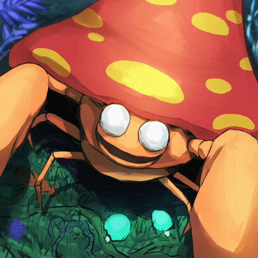 absurdres animal_focus blurry blurry_background commentary_request facing_viewer game_freak gen_1_pokemon grass highres nintendo no_humans no_pupils outdoors parasect pincers plant pokemon pokemon_(creature) solo spicyichizo