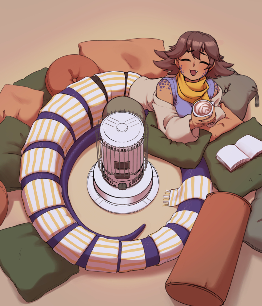 1girl :d blanket book brown_background brown_hair character_request closed_eyes coffee colored_skin commentary commentary_request cushion dated_commentary english_commentary fang highres jacket junk_(junko-tan) kerosene_heater lamia latte_art light_blush long_tail looking_at_viewer mixed-language_commentary monster_girl open_book open_mouth orange_skin original pillow purple_scales smile solo spiked_hair sweater tail