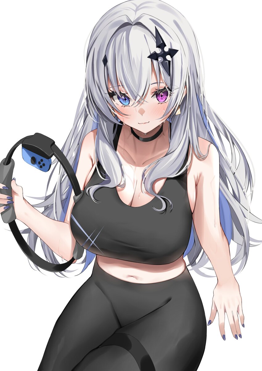 1girl absurdres alternate_costume black_choker black_pants black_sports_bra blue_eyes blue_hair blue_nails breasts choker cleavage colored_inner_hair cross cross-shaped_pupils cross_hair_ornament crossed_bangs earrings grey_hair hair_between_eyes hair_ornament heterochromia highres inverted_cross invisible_chair jewelry joy-con large_breasts long_hair looking_at_viewer midriff multicolored_hair navel nemun_(tamizzz) neo-porte pants pink_eyes ring-con ring_fit_adventure simple_background sitting smile solo sports_bra sweat symbol-shaped_pupils tentei_forte thigh_strap triangle_earrings virtual_youtuber white_background yoga_pants