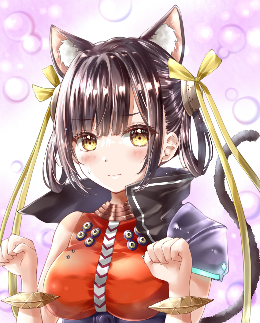 1girl absurdres animal_ears armor ayaro_(genkiloobaii) black_hair breasts cat_ears chest_harness china_dress chinese_clothes dress hair_ribbon harness heaven_burns_red highres large_breasts li_yingxia paw_pose portrait ribbon shoulder_armor sleeveless yellow_eyes yellow_ribbon
