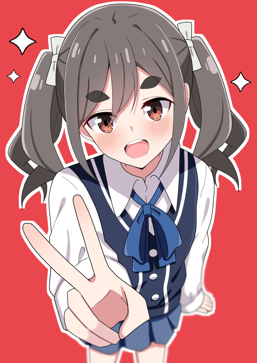 1girl absurdres blurry blush cardigan_vest collared_shirt commentary_request grey_hair hair_ornament highres hosinonana kiriyama_an looking_at_viewer mono_(afro) neck_ribbon outline outstretched_arm pleated_skirt red_background red_eyes ribbon school_uniform shirt simple_background skirt smile solo sparkle teeth thick_eyebrows twintails upper_teeth_only v white_shirt