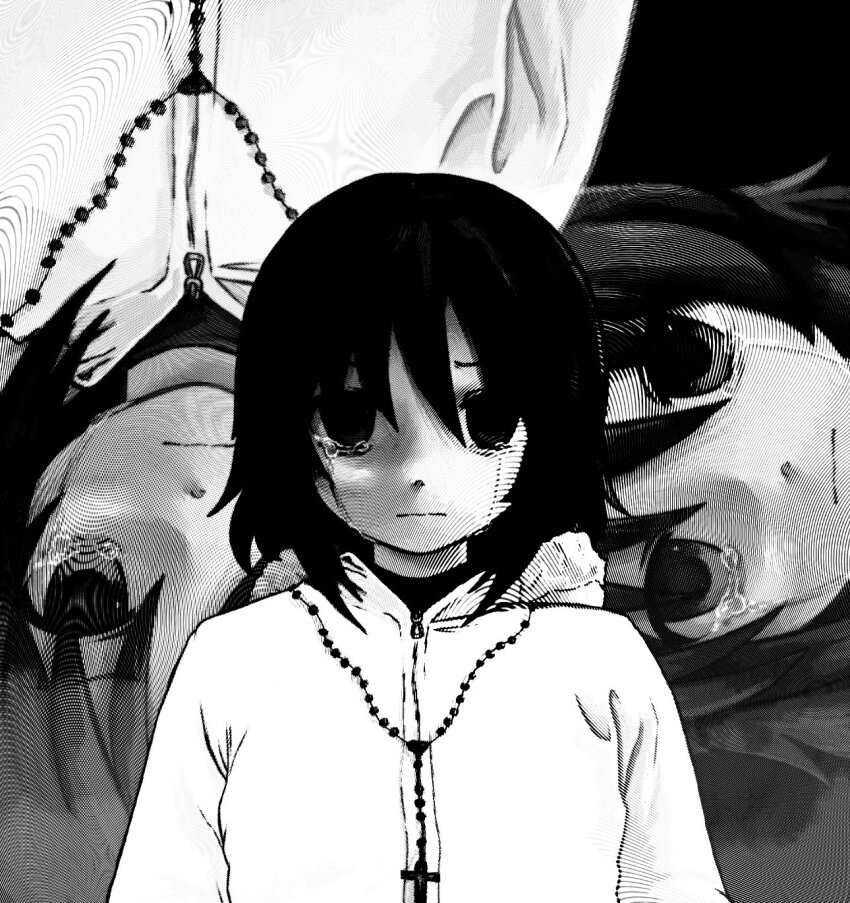 androgynous bead_necklace beads commentary cross cross_necklace crying english_commentary greyscale highres hood hooded_jacket jacket jewelry medium_hair moire monochrome necklace original prayer_beads streaming_tears tears zoolpal