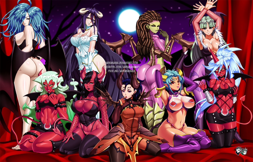 6+girls ahoge albedo_(overlord) animal_print arms_behind_head arms_up artist_logo artist_name ass back barefoot bat_print berserk black_hair black_legwear black_wings blue_hair boots breasts carrera choker cleavage colored_skin covering_breasts covering_privates crossover darkstalkers demon_girl demon_horns demon_tail demon_wings detached_sleeves deviantart_username elbow_gloves facebook_username female_focus fishnet_armwear full_moon gloves green_hair harem head_wings horns imp_mercy jadenkaiba kneeling kneesocks_(psg) large_breasts logo long_hair looking_at_viewer mercy_(overwatch) midriff monster_girl moon morrigan_aensland multiple_girls myserra navel night night_sky overlord_(maruyama) overwatch overwatch_1 panty_&amp;_stocking_with_garterbelt pantyhose pixiv_username purple_hair purple_legwear red_skin sarah_kerrigan scanty_(psg) short_hair single_horn sitting sky slan_(berserk) standing star_(sky) starcraft starry_sky tail the_succubus_sub thigh_boots thighhighs topless_female trait_connection viper_(series) watermark web_address wings