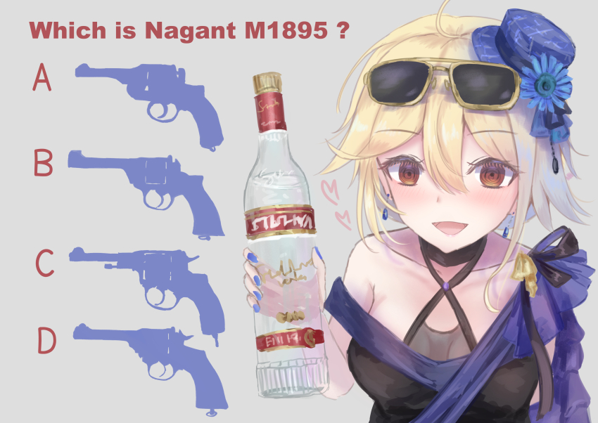 1girl :d ? absurdres ahoge alcohol alphabet bare_shoulders black_choker black_dress black_ribbon blonde_hair blue_dress blue_flower blue_hat bottle breasts brown_eyes character_name choker closed_mouth collarbone commentary double-parted_bangs dress earrings enfield_no.2_mk1 english_commentary english_text eyewear_on_head floating_earring flower gas-seal_revolver girls&#039;_frontline glass_bottle grey_background gun hair_between_eyes handgun hat hat_flower heart highres holding holding_bottle jewelry look-alike looking_at_viewer martinreaction medium_breasts medium_hair mini_hat mixed-language_commentary nagant_m1895 nagant_revolver_(girls&#039;_frontline) off-shoulder_dress off_shoulder open_mouth product_placement quiz revolver ribbon silhouette simple_background smile solo stolichnaya_(vodka) sunglasses type_26_revolver upper_body vodka weapon weapon_name webley_revolver yellow-framed_eyewear