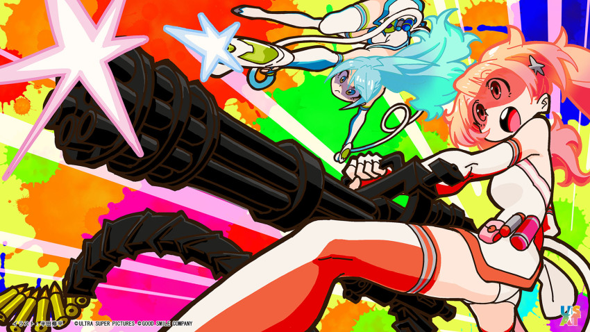 2girls aqua_hair artist_name company_name end_card energy_gun firing gun handa_shuuhei heavy_machine_gun highres long_hair machine_gun multicolored_background multiple_girls official_art official_wallpaper ray_gun red_hair simple_background smile sumako_(ultra_super_anime_time) supika_(ultra_super_anime_time) ultra_super_anime_time visor watermark weapon