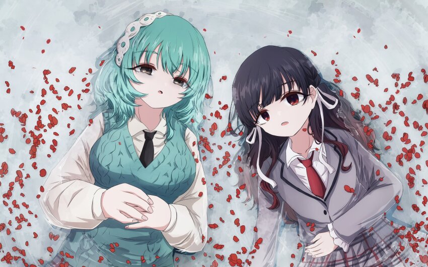 2girls baio_rin black_hair black_necktie blunt_bangs collarbone collared_shirt cowboy_shot cropped_jacket frilled_sleeves frills green_eyes green_hair green_vest grey_jacket grey_skirt hair_between_eyes hair_ribbon hairband hand_on_own_stomach highres jacket kimi_no_koto_ga_dai_dai_dai_dai_daisuki_na_100-nin_no_kanojo kusanochika long_sleeves looking_at_viewer lying medium_hair multiple_girls necktie nemui_nemu ohananomitsu_middle_school_uniform on_back open_mouth own_hands_together partially_submerged plaid_clothes plaid_skirt red_eyes red_necktie red_petals ribbon school_uniform sharp_teeth shirt skirt teeth vest wavy_hair white_hairband white_ribbon white_shirt