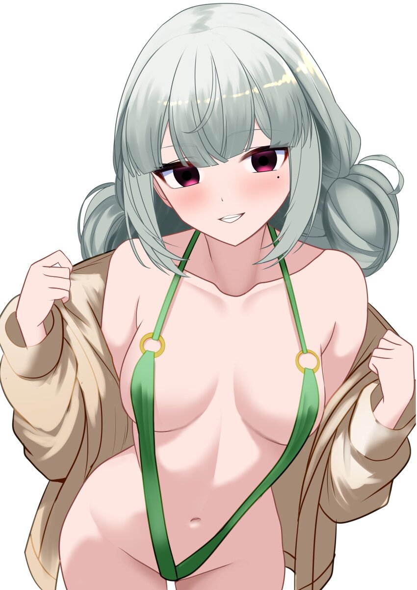 1girl absurdres araga_kiwi bare_hips bare_shoulders bikini blunt_bangs blush breasts collarbone double_bun from_above green_bikini grey_hair groin hair_bun highres long_hair looking_at_viewer mahou_shoujo_ni_akogarete medium_breasts micro_bikini navel o-ring o-ring_bikini partially_undressed red_eyes sidelocks simple_background solo swimsuit teeth thigh_gap undressing upper_body white_background xueli_shimazaki