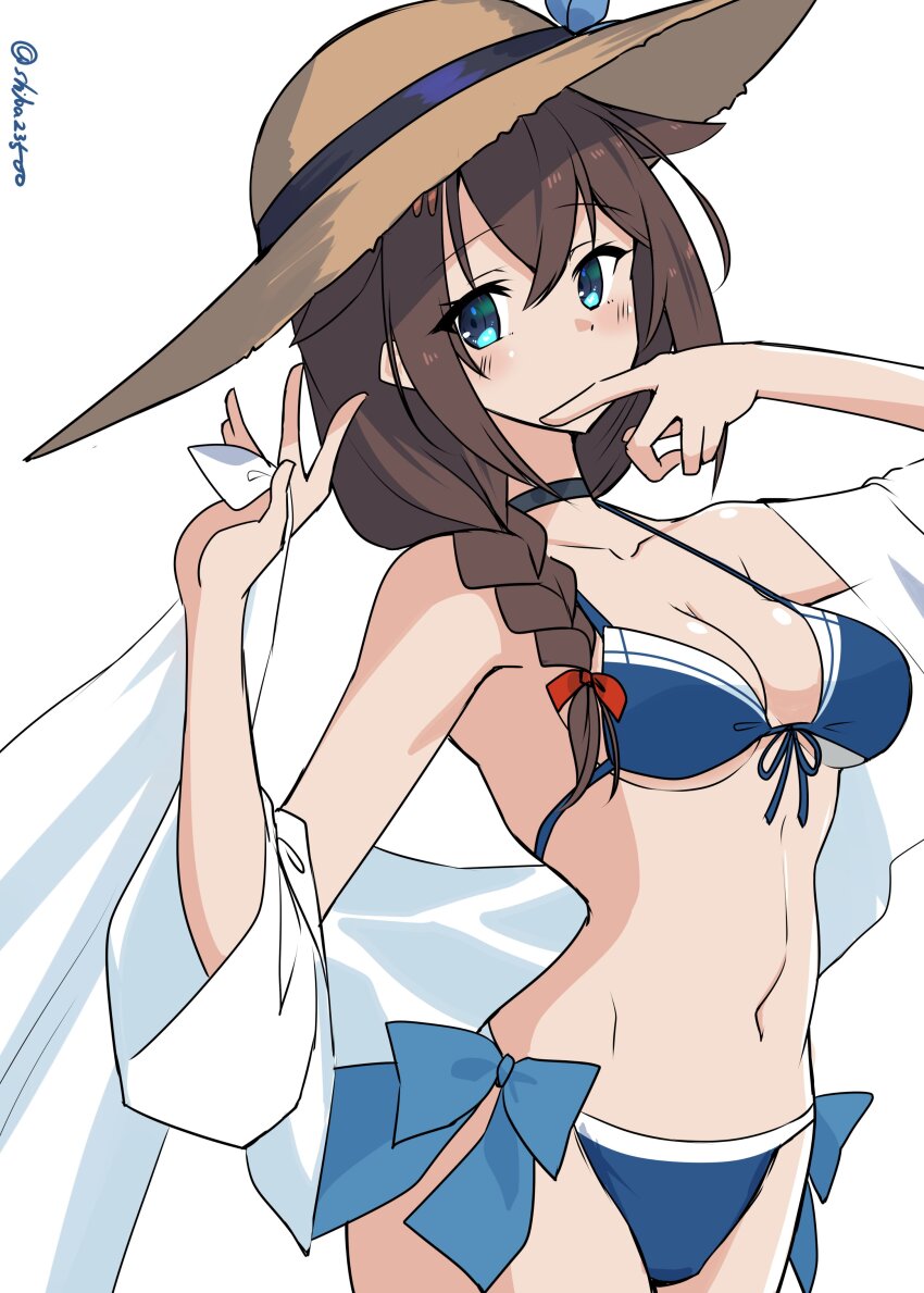 1girl absurdres bikini black_choker black_hair blue_bikini blue_eyes braid breasts brown_hat choker cleavage commentary_request cowboy_shot flower front-tie_bikini_top front-tie_top hair_between_eyes hair_flaps hair_over_shoulder hat hat_flower highres kantai_collection long_hair looking_at_viewer medium_breasts official_alternate_costume one-hour_drawing_challenge shawl shiba_(zudha) shigure_(kancolle) shigure_kai_san_(kancolle) shigure_kai_san_(swimsuit)_(kancolle) side-tie_bikini_bottom simple_background single_braid solo straw_hat sun_hat swimsuit twitter_username white_background white_shawl