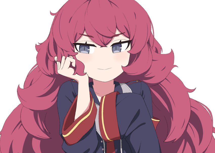 1girl armband black_coat black_eyes blue_archive closed_mouth coat hand_in_own_hair highres iroha_(blue_archive) kutsusama light_blush long_hair long_sleeves looking_to_the_side necktie no_nose red_hair red_necktie simple_background slit_pupils smile solo white_background