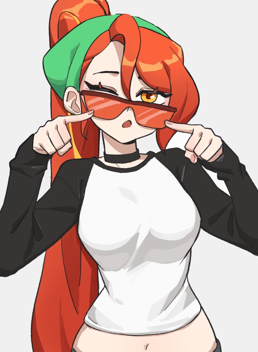 1girl black_choker black_sleeves breasts choker commentary english_commentary fingers_to_cheeks green_hairband grey_background hair_between_eyes hairband high_ponytail highres hyyun_ho june_(hyyun_ho) large_breasts long_hair long_sleeves midriff navel one_eye_closed open_mouth orange-tinted_eyewear orange_hair original ponytail shirt simple_background solo tinted_eyewear upper_body white_shirt yellow_eyes