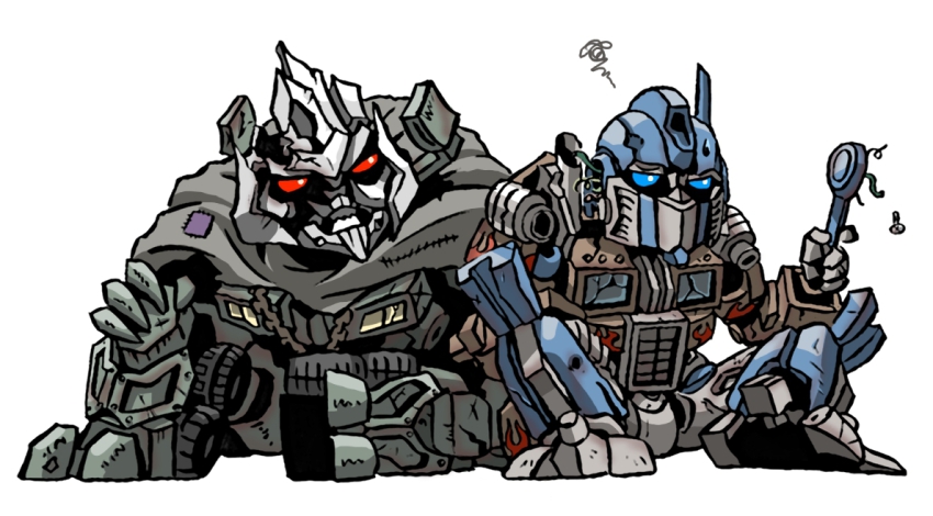 2boys autobot beni_(8204) beni_(nikaidera) blue_eyes broken_glass cape chibi damaged decepticon flame_print glass hand_on_own_knee hand_on_own_thigh megatron multiple_boys optimus_prime red_eyes robot screw simple_background sitting spoken_squiggle squiggle transformers transformers:_age_of_extinction transformers:_dark_of_the_moon transformers_(live_action) wheel white_background