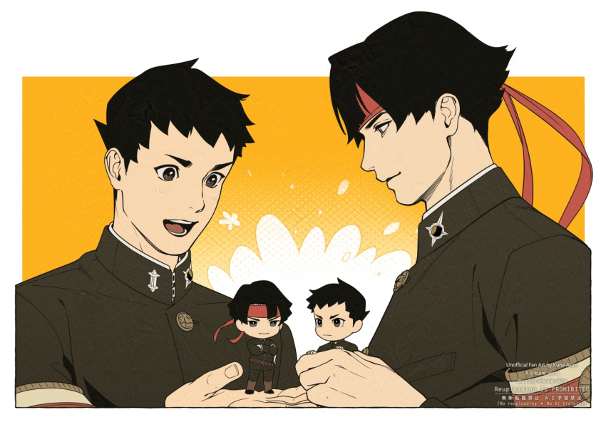 2boys :d ace_attorney armband black_eyes black_hair black_jacket black_pants blush boots border brown_boots buttons closed_mouth commentary crossed_arms figure gakuran headband holding holding_figure jacket kazuma_asogi kune_akiro long_sleeves male_focus multiple_boys nendoroid open_mouth outside_border pants red_headband ryunosuke_naruhodo school_uniform short_hair smile the_great_ace_attorney watermark white_border yellow_background