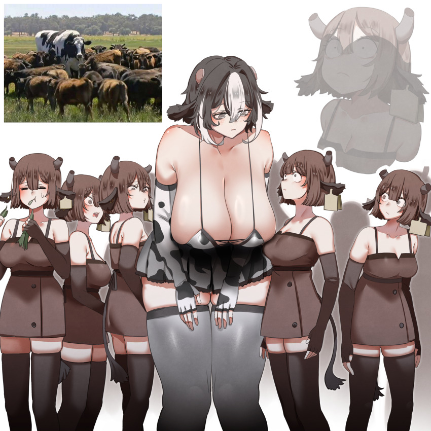 6+girls absurdres animal_ears animal_print at2. bad_id black_hair breasts brown_dress brown_hair brown_thighhighs commentary cow cow_ears cow_girl cow_horns cow_print cow_tail cowboy_shot dress ear_tag eating elbow_gloves english_commentary expressionless fingerless_gloves frown gloves grass grey_hair hands_up highres horns huge_breasts leaning_forward medium_breasts multicolored_hair multiple_girls original pleated_skirt reference_inset sanpaku second-party_source short_hair sidelocks simple_background size_difference skindentation skirt streaked_hair tail tall_female thighhighs thighs white_background white_hair white_skirt
