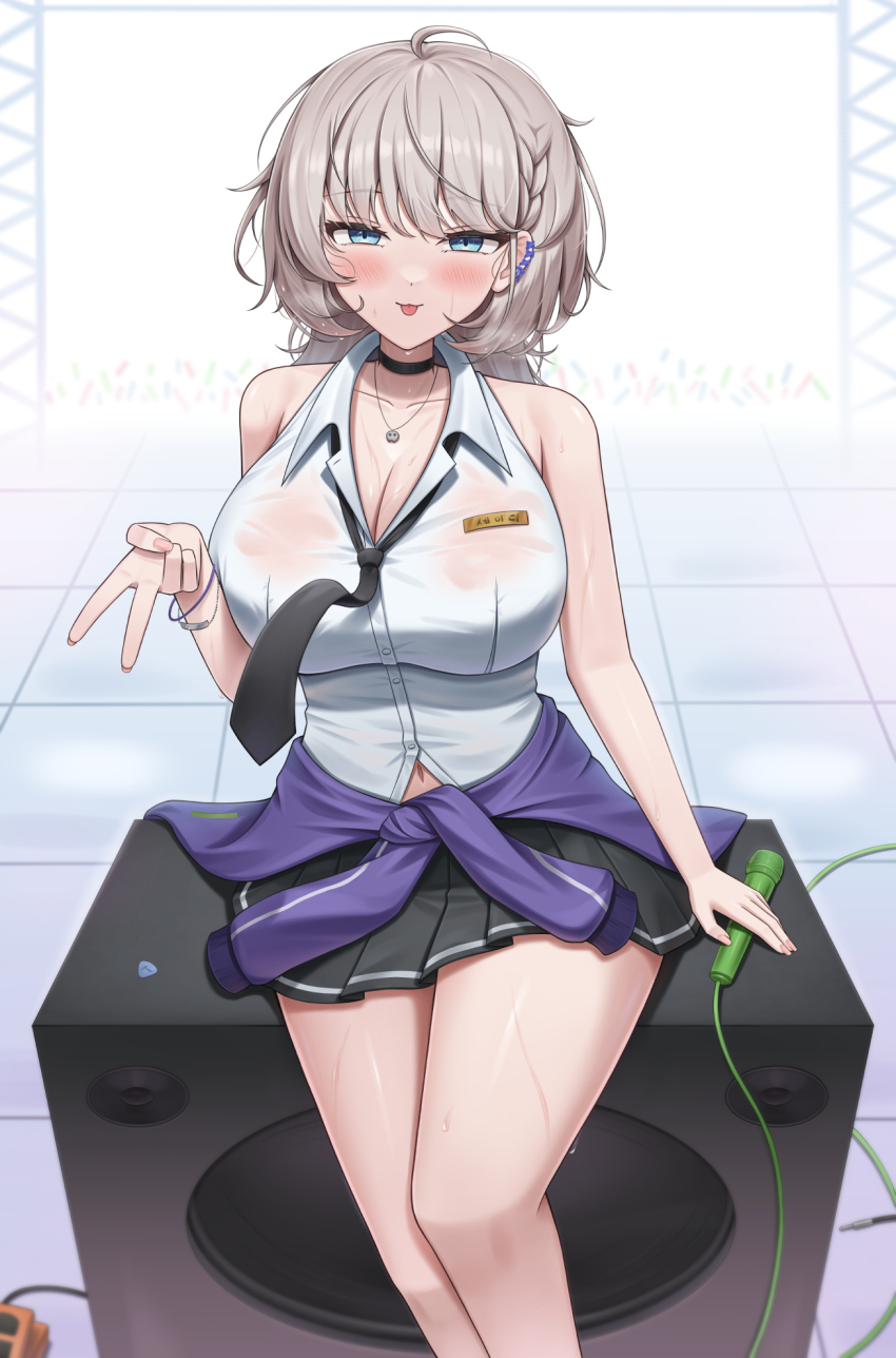 1girl :3 ahoge bare_arms bare_shoulders black_choker black_necktie black_skirt blue_eyes blush braid breasts buttons choker cleavage closed_mouth clothes_around_waist collared_shirt commentary dress_shirt grey_hair highres jacket jacket_around_waist jewelry large_breasts lazb. long_hair looking_at_viewer microphone miniskirt navel necklace necktie pleated_skirt purple_jacket see-through_clothes see-through_shirt shady_(trickcal) shirt sitting skirt sleeveless sleeveless_shirt smile solo speaker sweat thighs tongue tongue_out trickcal v wet wet_clothes wet_shirt white_shirt
