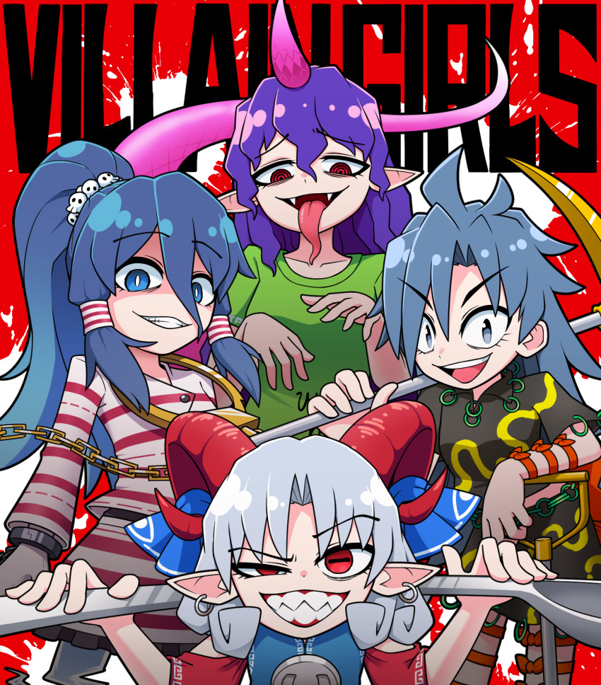 4girls black_shirt bright_pupils chain commentary_request cowboy_shot cuffs curly_hair detached_sleeves earrings fangs green_shirt grey_eyes grey_hair grin hair_between_eyes hair_ornament hair_tubes highres himemushi_momoyo holding holding_pickaxe holding_spoon horizontal_pupils horns jewelry long_bangs long_hair long_tongue looking_at_viewer meandros miyadeguchi_mizuchi multiple_girls open_mouth oversized_object pickaxe pink_horns pointy_ears ponytail prison_clothes purple_hair rectangular_pupils red_background red_eyes red_horns red_sleeves ringed_eyes shaded_face sharp_teeth shirt short_hair single_horn skirt skirt_set skull_hair_ornament smile solidus_(sword_cube) spoon striped_clothes striped_shirt striped_skirt t-shirt teeth tenkajin_chiyari tongue touhou toutetsu_yuuma uneven_eyes v-shaped_eyebrows white_pupils white_shirt white_skirt