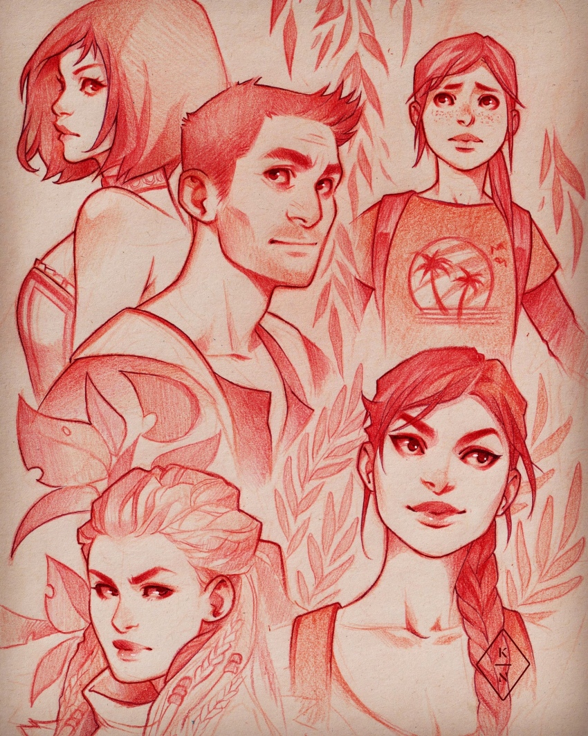 1boy 4girls aloy_(horizon) backpack bag beard_stubble bioshock bioshock_(series) bioshock_infinite braid breasts cleavage commentary elizabeth_(bioshock_infinite) ellie_(the_last_of_us) english_commentary facial_hair freckles greyscale hair_over_shoulder highres horizon_(video_game) horizon_zero_dawn kasia_nie lara_croft leaf medium_breasts medium_hair monochrome multiple_girls nathan_drake ponytail red_theme shirt single_braid sketch smile stubble t-shirt the_last_of_us the_last_of_us_(series) tomb_raider uncharted watermark