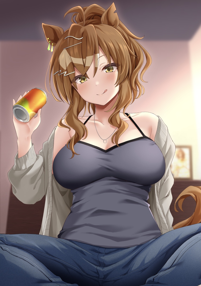 1girl absurdres alternate_costume animal_ears blue_pants blush breasts brown_hair cardigan drink green_cardigan green_eyes grey_tank_top hair_between_eyes highres holding holding_drink horse_ears horse_girl jewelry jungle_pocket_(umamusume) large_breasts licking_lips long_hair looking_at_viewer necklace paid_reward_available pants ponytail ryochapu solo tank_top teeth tongue tongue_out umamusume